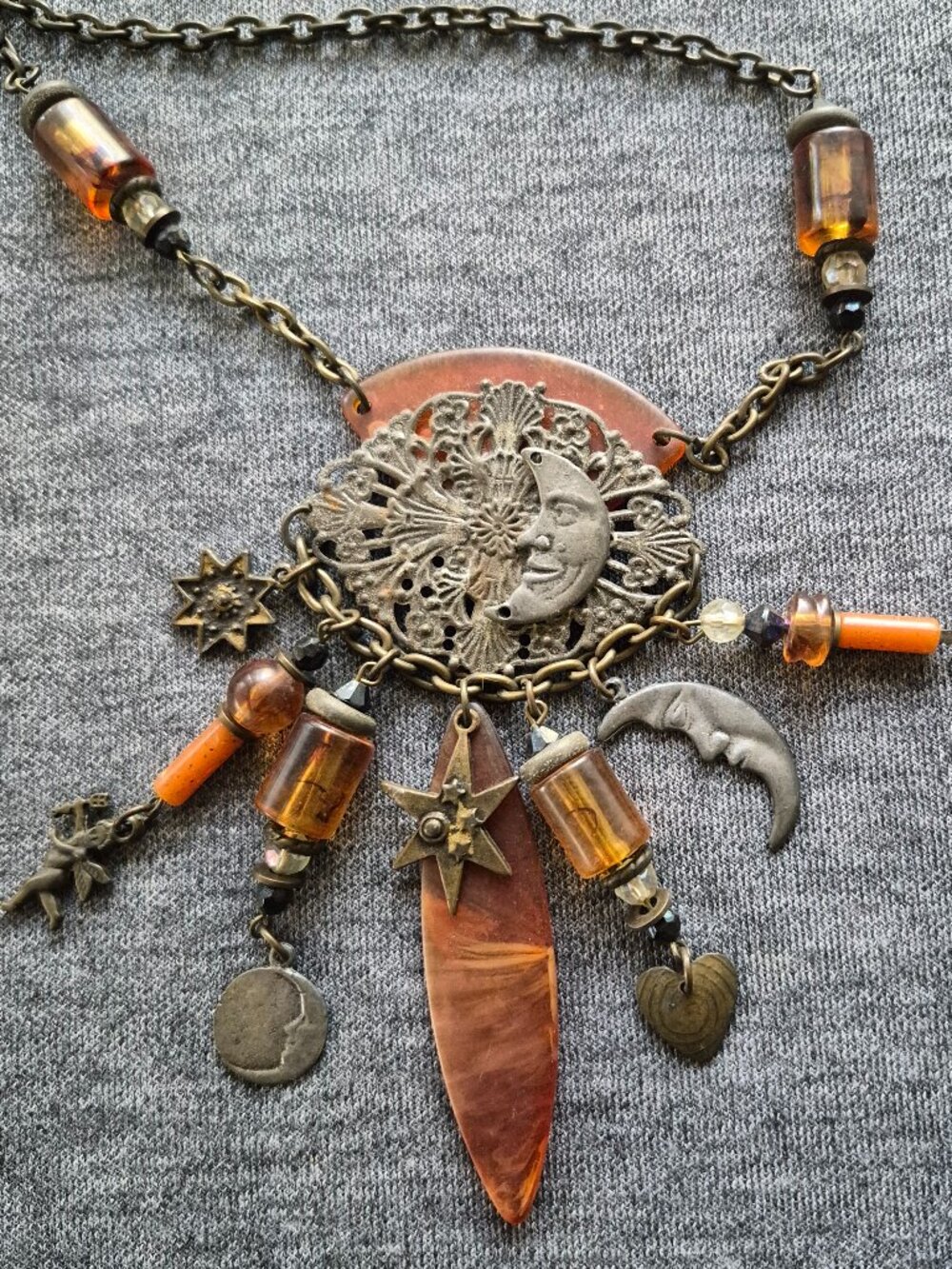 80s Necklace of Steampunk, Celestial, and Bohemian elements Mixed metals Lucite